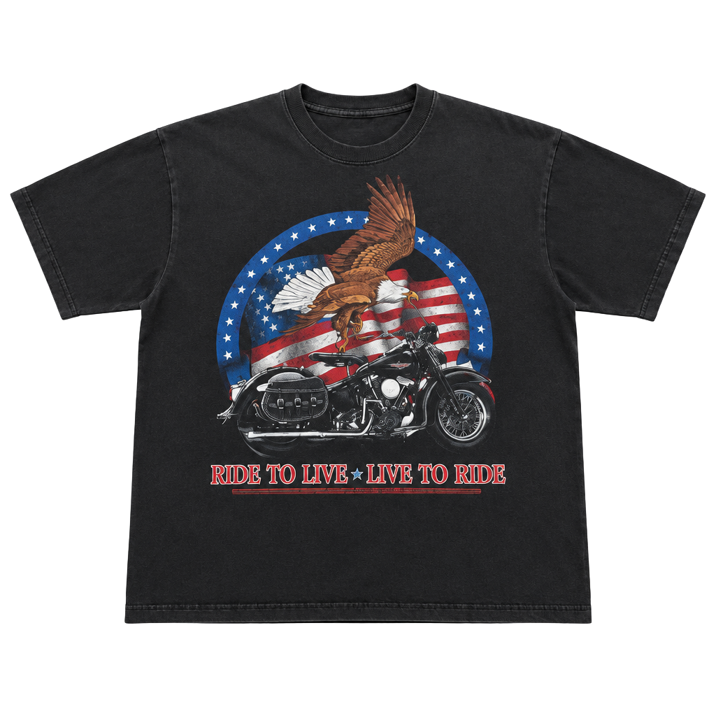 Vintage 90s/00s Faded Black Eagle Motorcycle Live To Ride Graphic T-Shirt 1