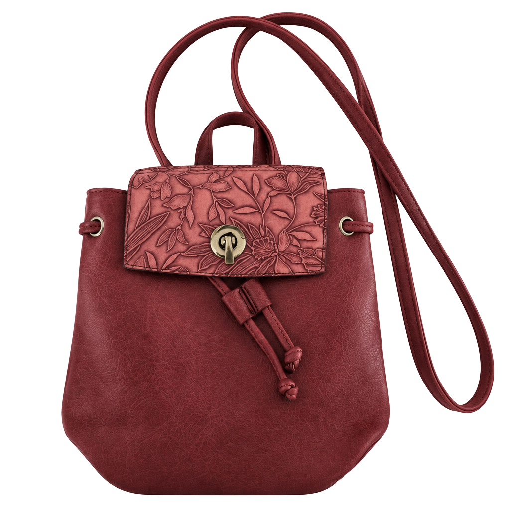 Liz Soto Leather Mini Backpack Crossbody Bag Floral Embossed Burgundy 1