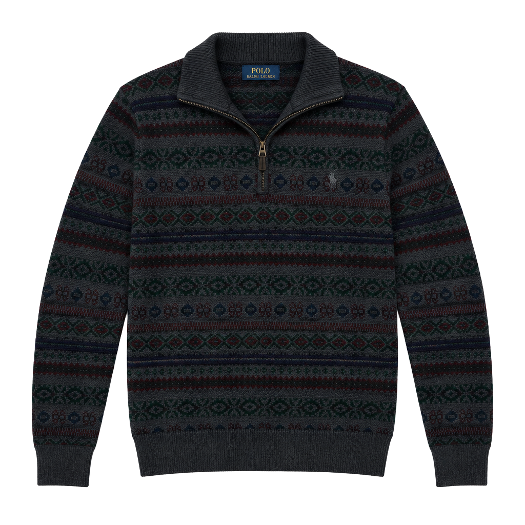 Polo Ralph Lauren Quarter Zip Fair Isle Sweater Size M Gray Wool Cashmere 1