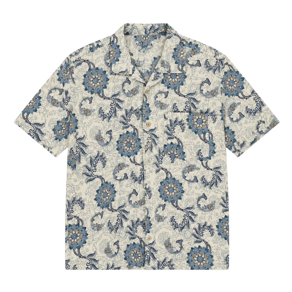 Billabong Button-Down Shirt Size L Blue Floral Print Cotton Short Sleeve 1