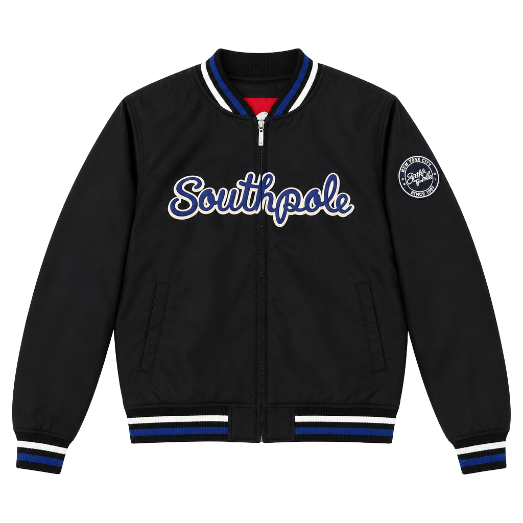 Southpole Bomber Jacket Kids XL Black Satin Varsity Zip Front 1