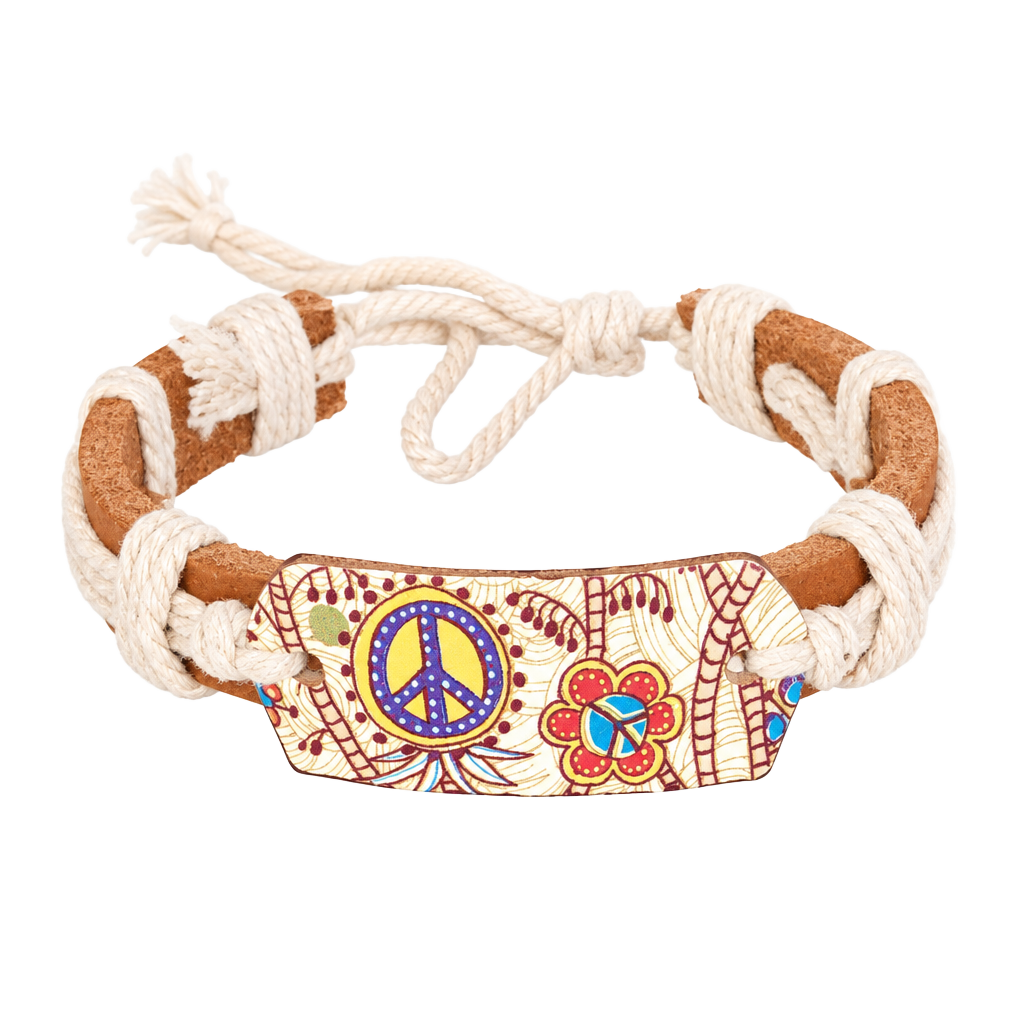 Brown Leather &White Cord Wrap Tie Bracelet, Adjustable Peace Theme #flowerpower 1