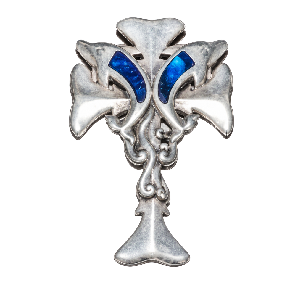 Vintage 925 Sterling Silver Mariner Dolphin Cross Pendant Art Nouveau 1
