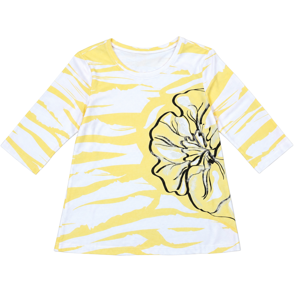 Christopher & Banks T-Shirt Size P/L Yellow White Floral 3/4 Sleeve 1