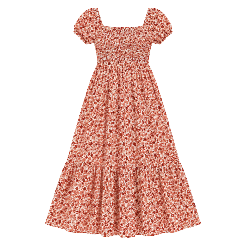 Indigo Rose Floral Smocked Midi Dress Size M Red White Cotton Puff Sleeve 1