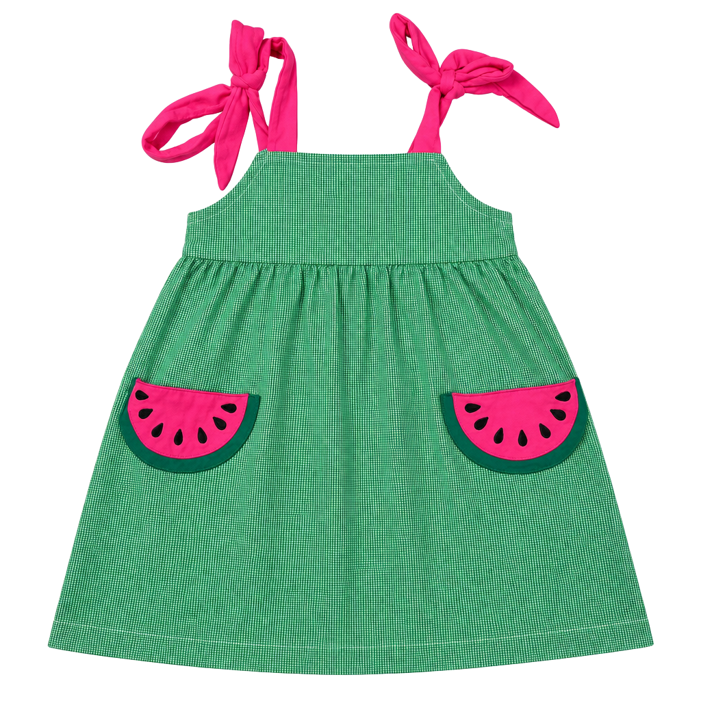 Stitchy Fish Gingham Watermelon Pocket Dress Green Pink 1