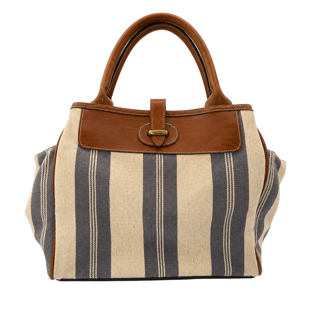 Signature Studios Striped Canvas and Brown Leather Satchel Handbag 1