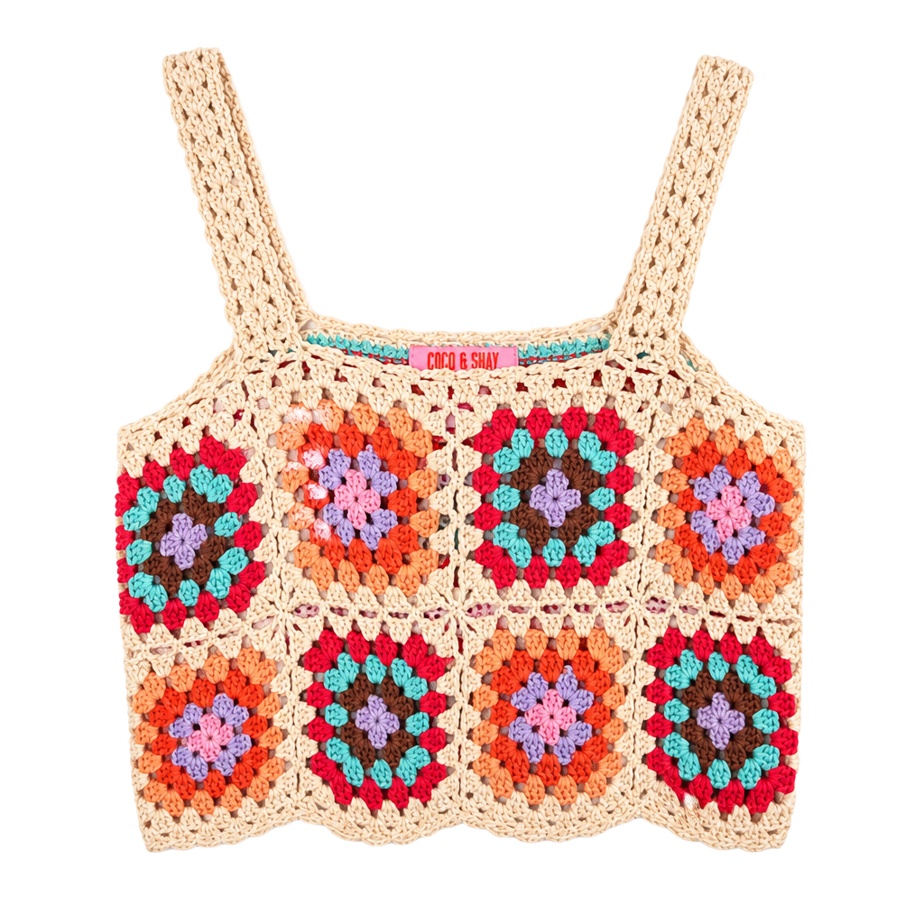 Coco & Shay Retro Multicolor Granny Square Crochet Crop Tank Top Size M NWT 1