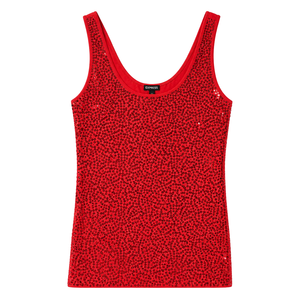 Women's Express Scoop Neck Fully Sequined Coral Red Fitted Tank Top Camisole XS 1