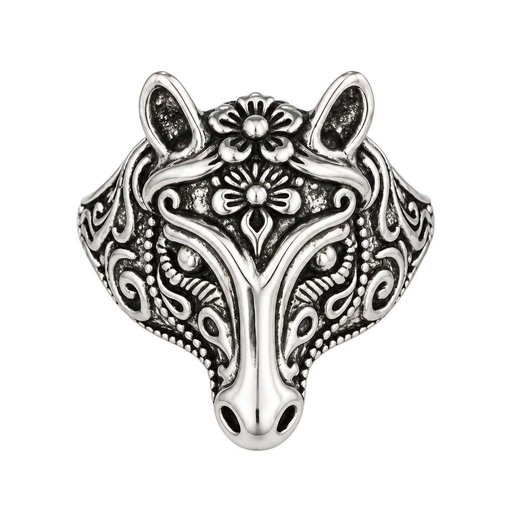 Vintage Design Titanium Steel Silver Horse Floral Head Ring Size 9 1