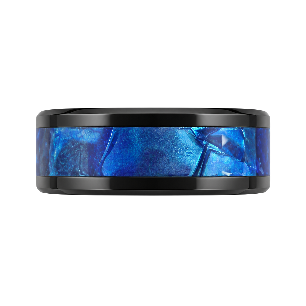 Black Tungsten Ring Blue Opal Inlay Beveled Edges 8mm Band Size 8 1