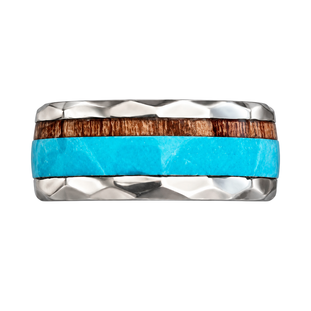 Tungsten Turquoise And Koa Wood Hammered 6mm Band Ring Size 12 1