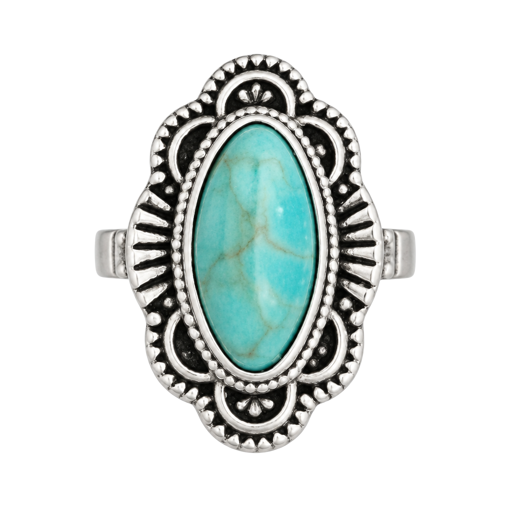 Bohemian Turquoise Style Ring Silver Tone Oval Stone Size 6 1