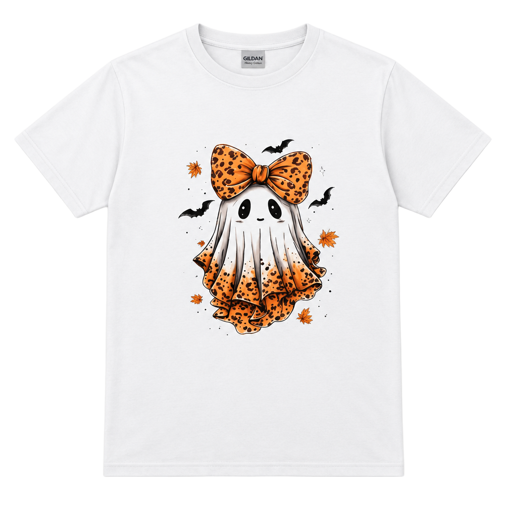 Gildan Halloween Cute Ghost Leopard Bow T-Shirt Size XL White 1