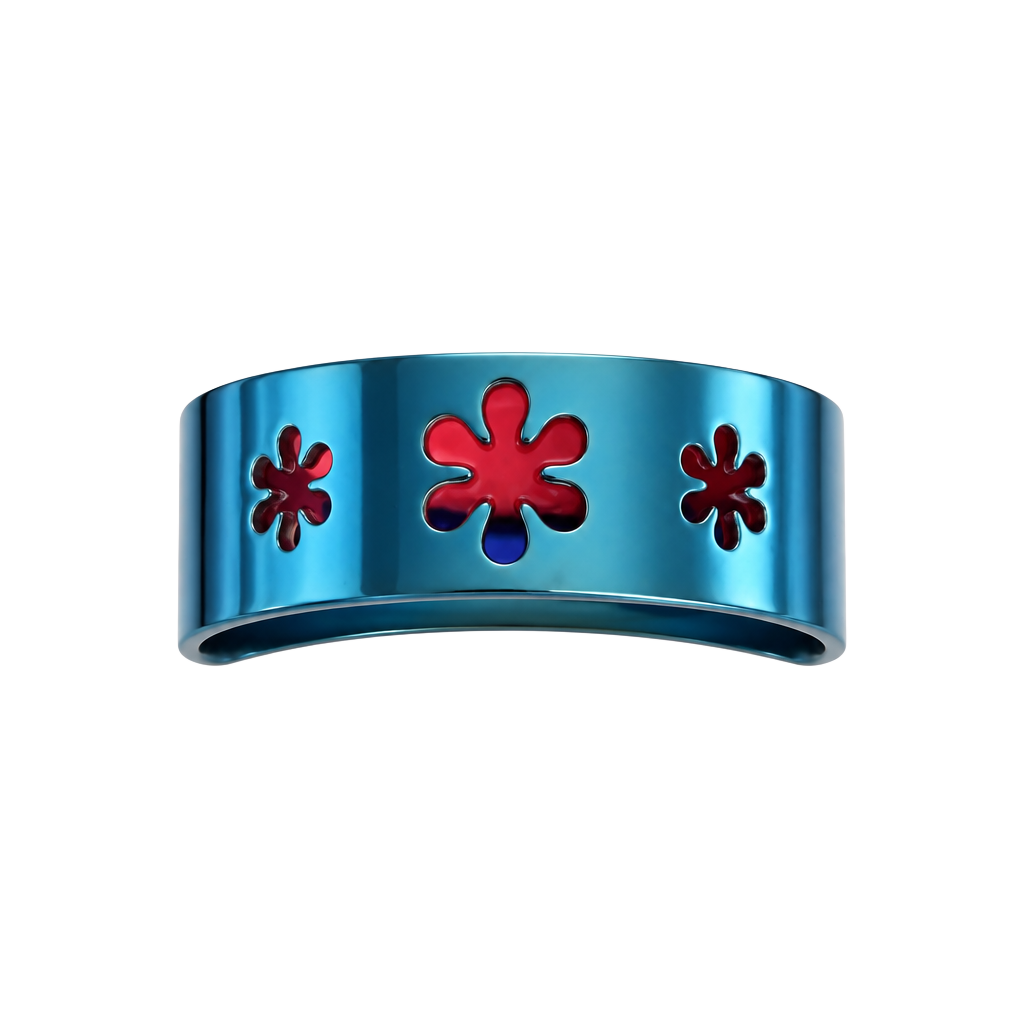 Metallic Blue Steel Flower Cutout 6mm Band Unisex Ring Size 9 1