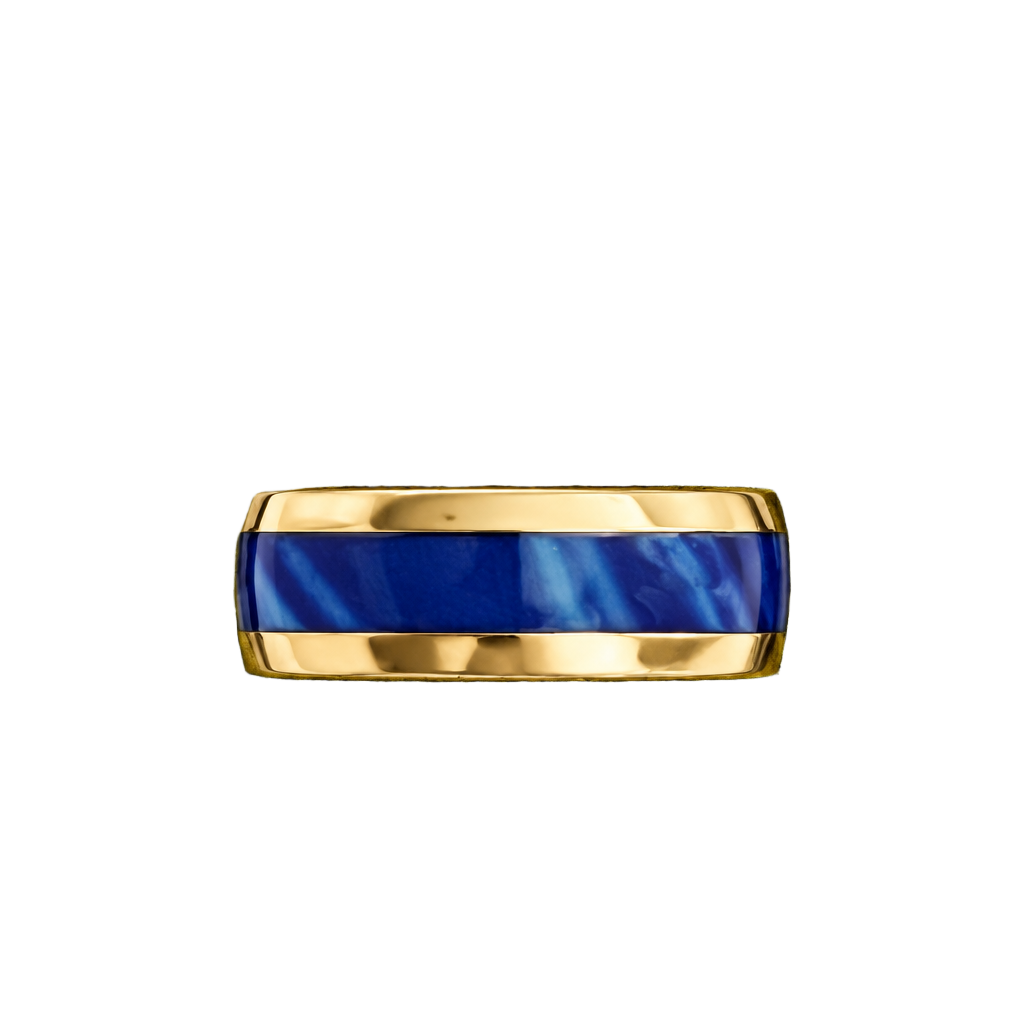 Tungsten Steel Men's High Polished Blue Marble Gold Plated Rims 8mm Ring 11 1
