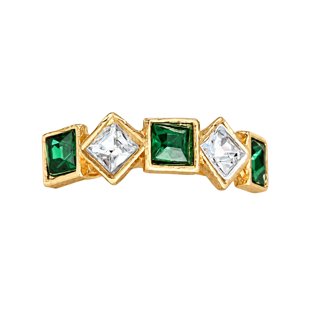 Handcrafted Square Emerald Intricate Detail Gemstones Statement Band Size 7 1