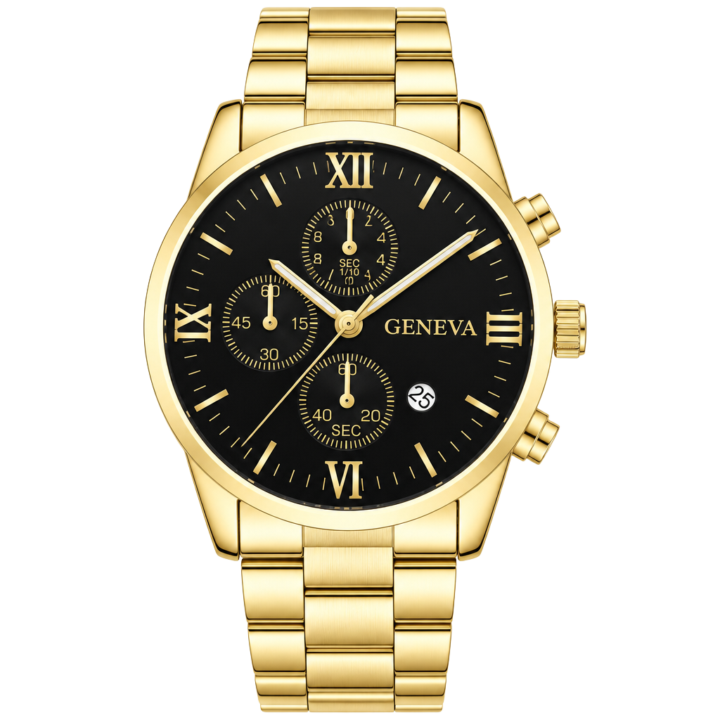 Geneva Gold Quartz Watch Black Dial Roman Numerals 1