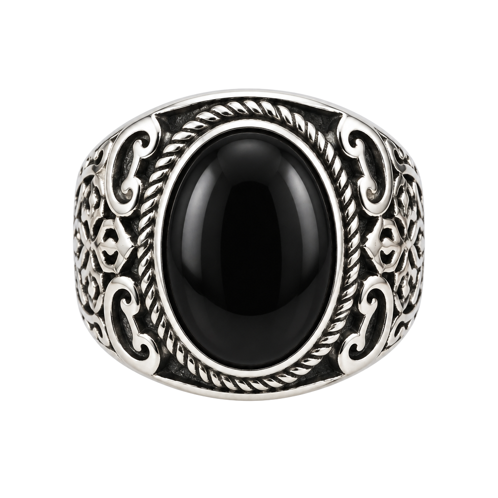 Vintage Natural Black Oval Onyx Stainless Steel
Open Ring Size 9 1