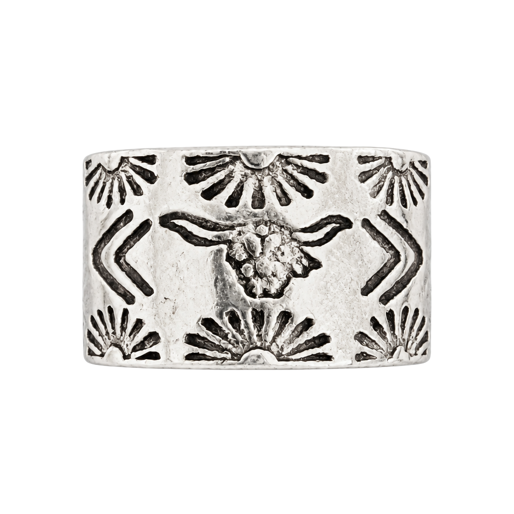 Western Steer Skull Stamped Ring Silver Country Rodeo Wide Band Size 8 1