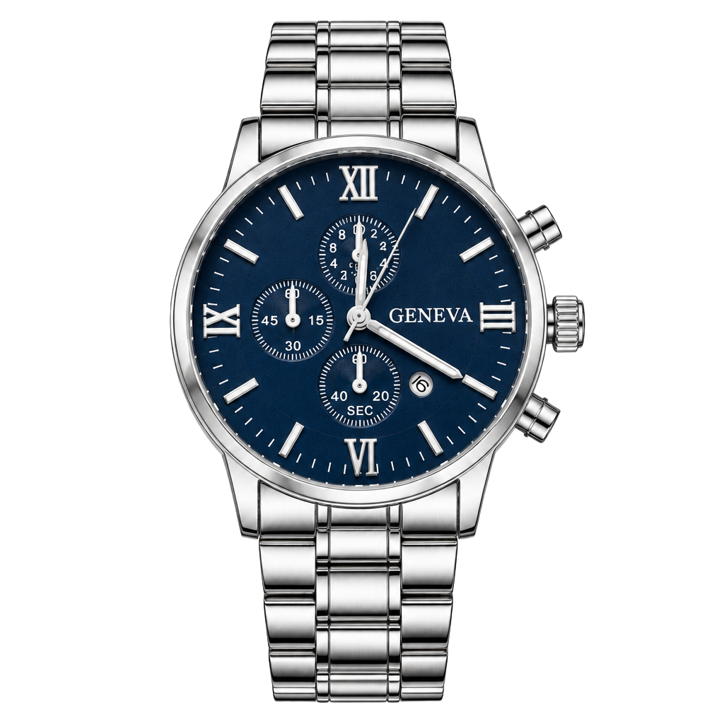 Geneva Quartz Timepiece Blue Dial Silver Steel Band Calendar 1