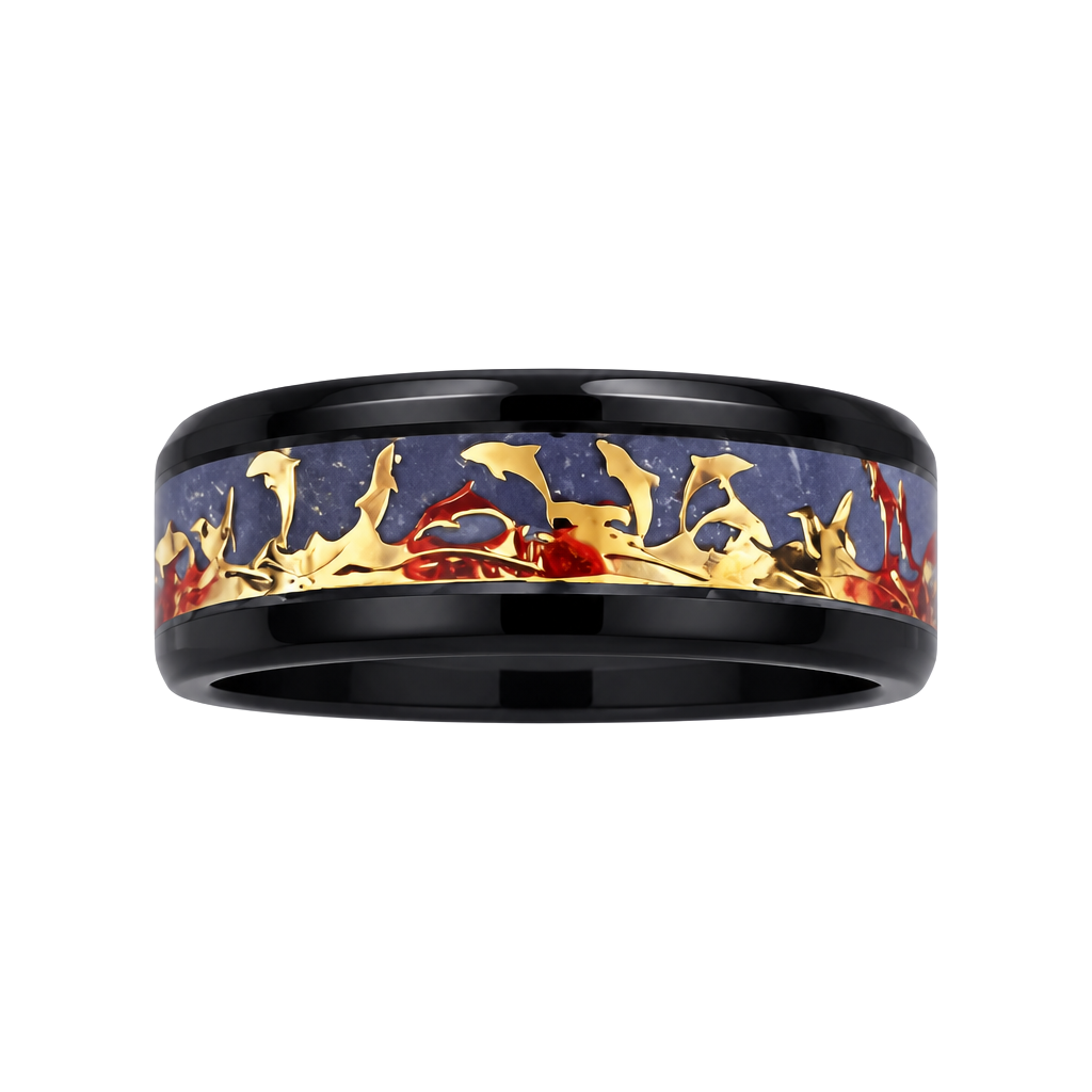 Dolphin Enamel Black Titanium Steel 6mm Band Ring Size 13 1