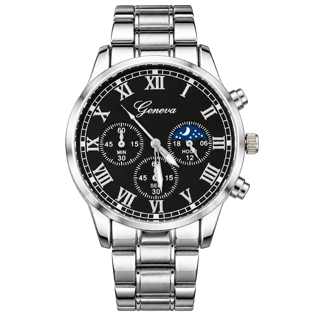 Geneva Roman Numeral Quartz Luxury Timepiece Black Dial Silver Steel 1