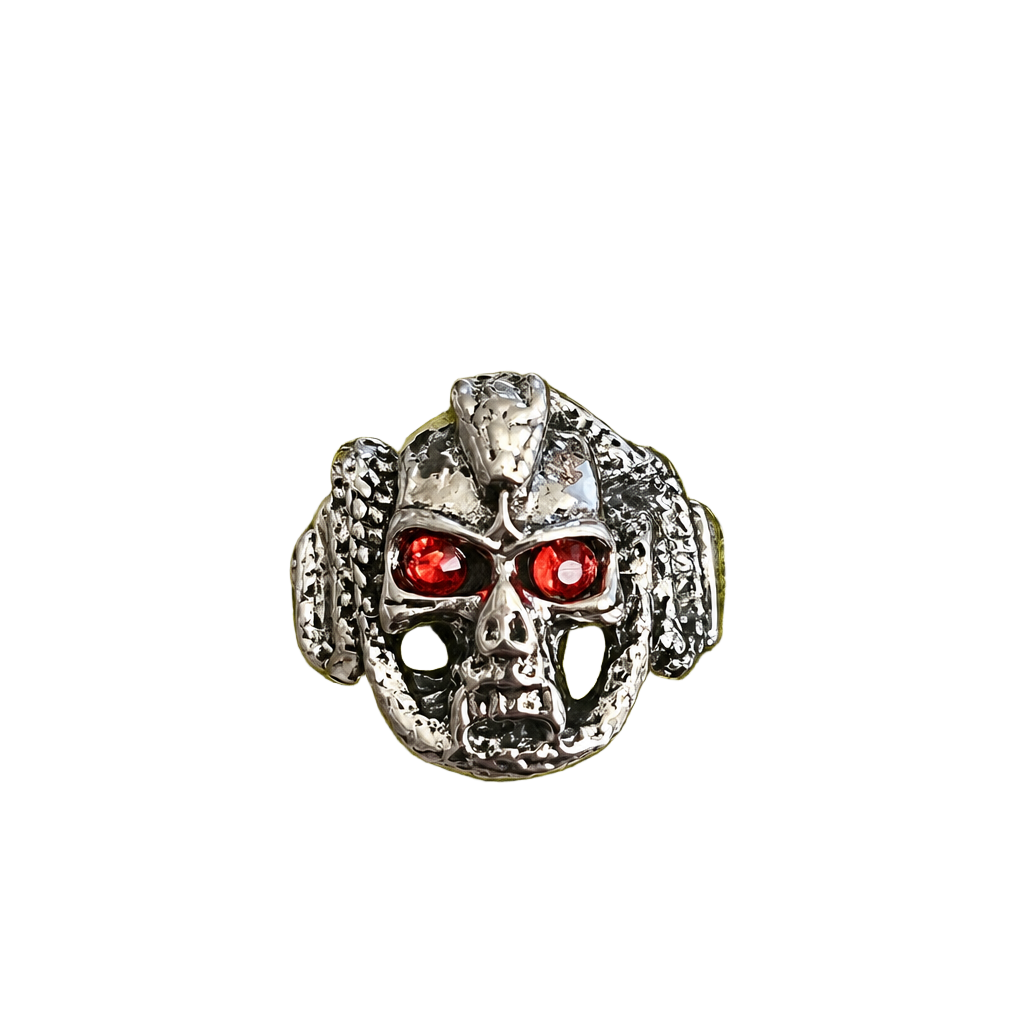 Gothic Silver Tone Skull Ring with Red Crystal Eyes Adjustable Size 9-14 1