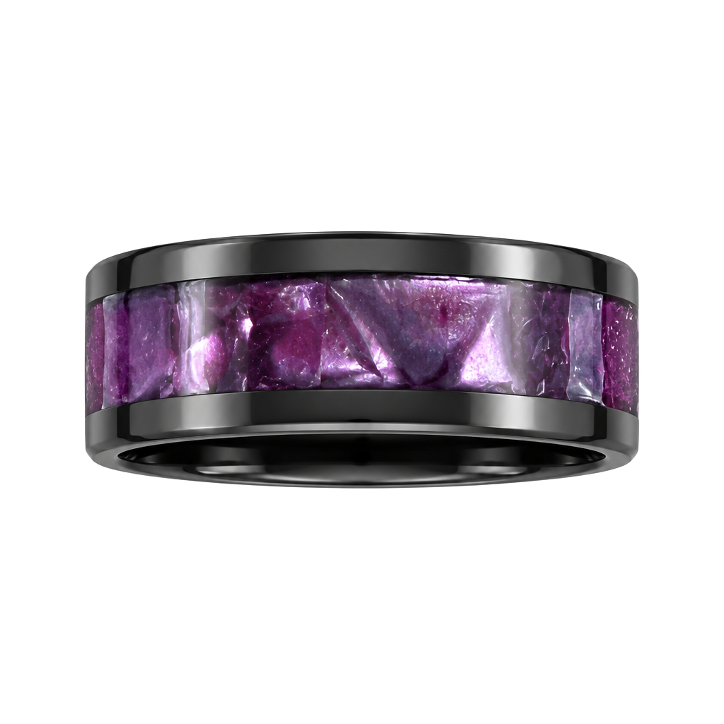 Black Tungsten Ring with Purple Cypraea Tigris Inlay 8mm Band Size 9-Unisex 1