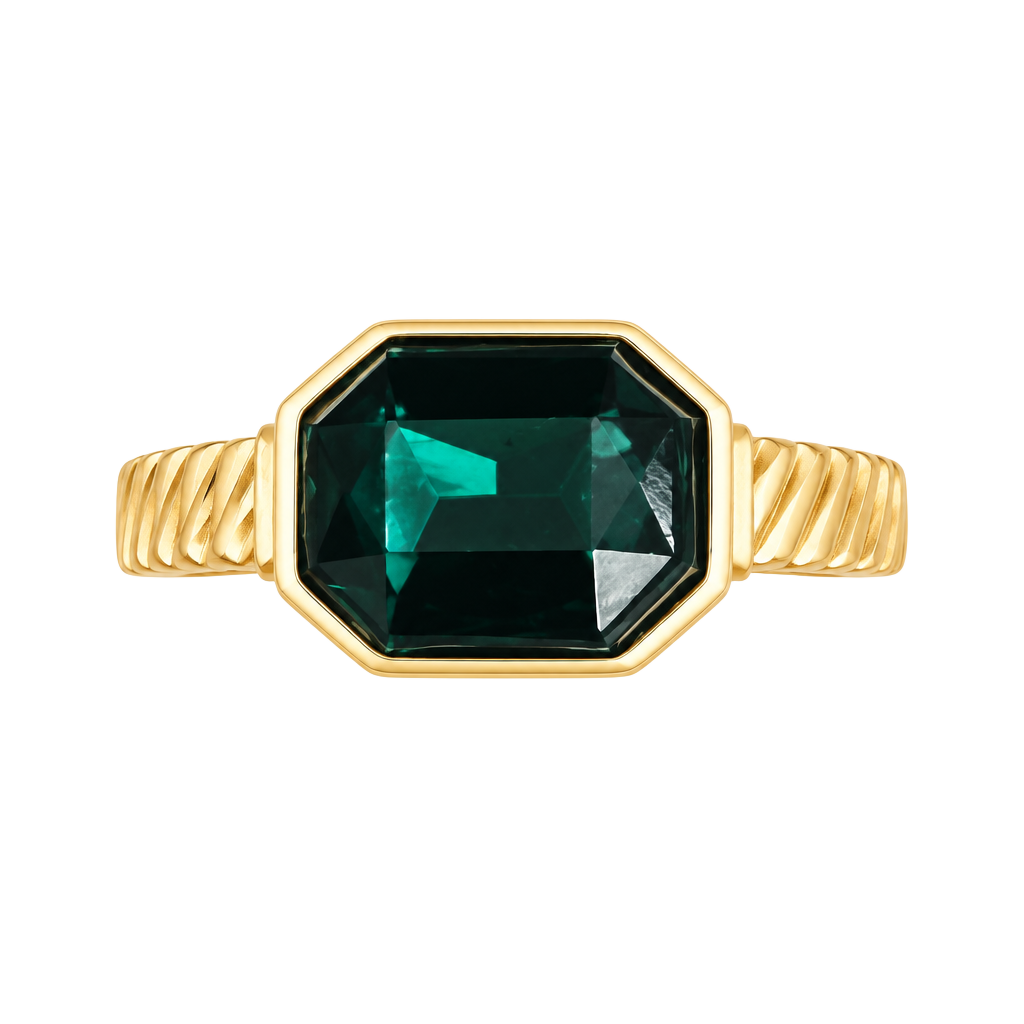 Gold Tone Emerald Cut Green Gemstone Statement Ring Size 7 1