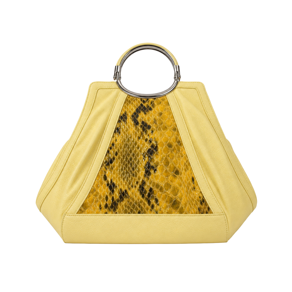 Yellow Pebble Leather and Snake Print Hobo Handbag with Silver-Tone Metal Ring Handles 1