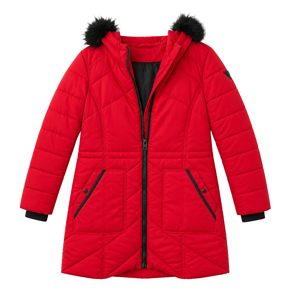 GUESS Red Puffer Winter Coat Jacket with Faux Fur Hood Size M 1