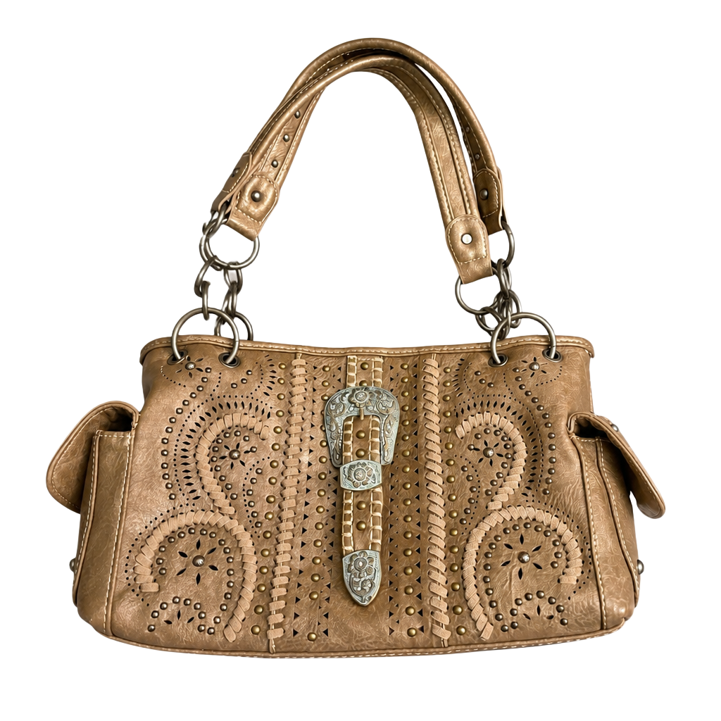 Montana West Western Handbag Purse Studded Tooled Leather Buckle Accent Gold 1