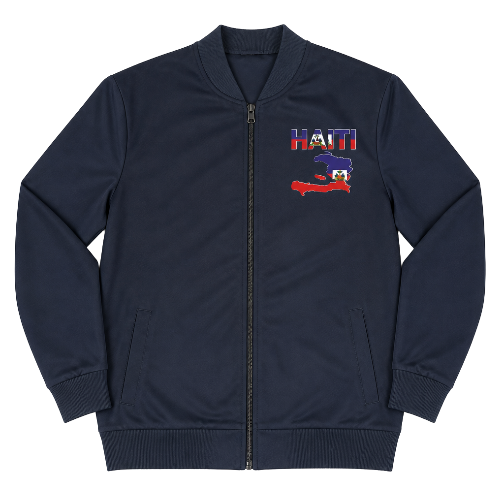 Haiti Full-Zip Bomber Jacket Size L Navy Blue Map Flag Print 1