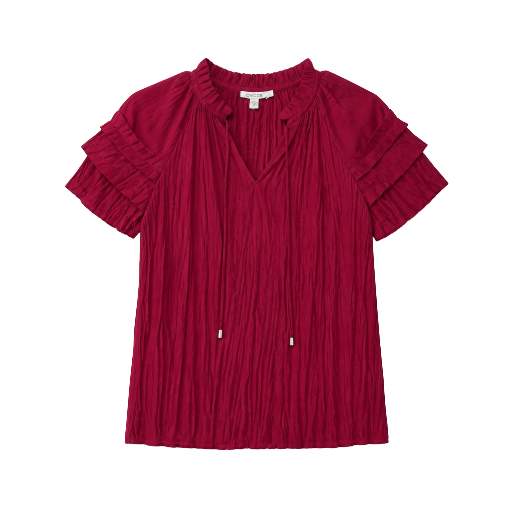 Chico's Solid Ruffle Blouse Size 0 US 4 Botanic Berry Poly 1