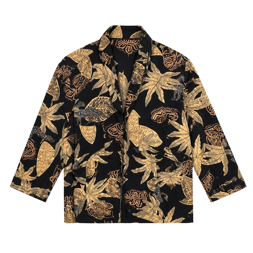 Kathie Lee Collection Button Up Shirt Black Beige Tropical Leaf Print 1