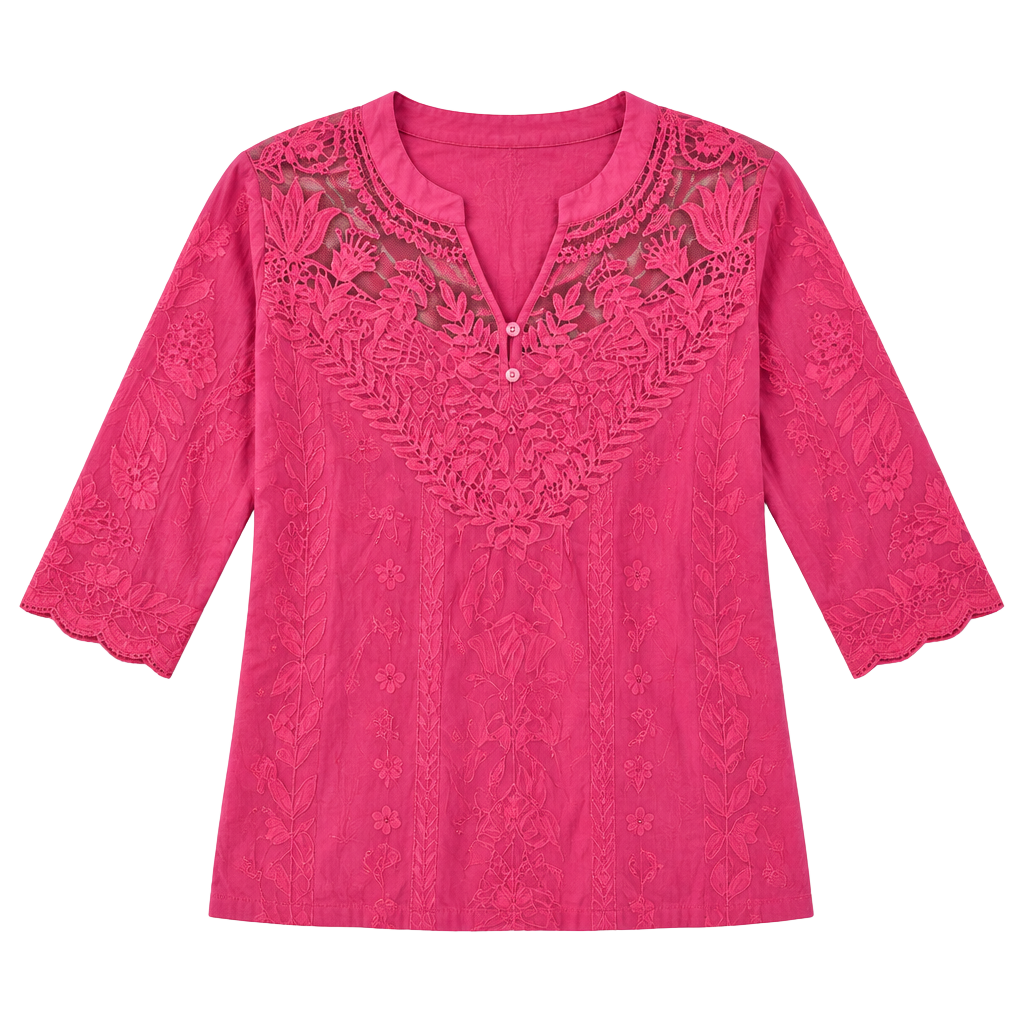 HeartSoul Blouse Size XL Pink Embroidered Lace Yoke 3/4 Sleeve Tunic Top 1