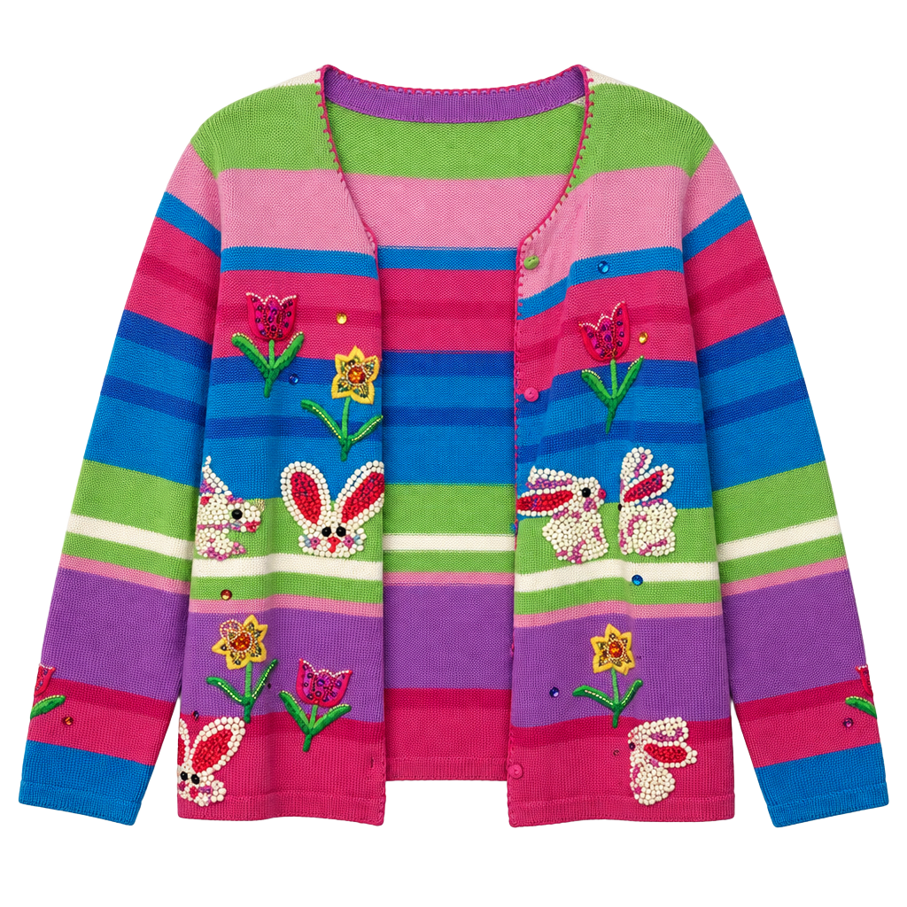 Morgan Cole Cardigan Size S Multicolored Easter Bunny Beaded Knit 1
