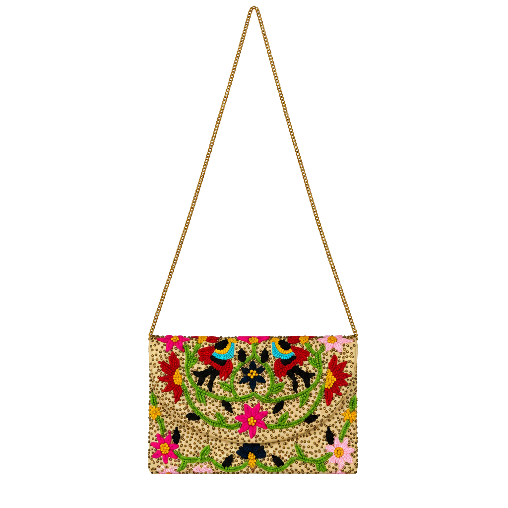 Beaded Floral Embroidered Chain Strap Clutch 1