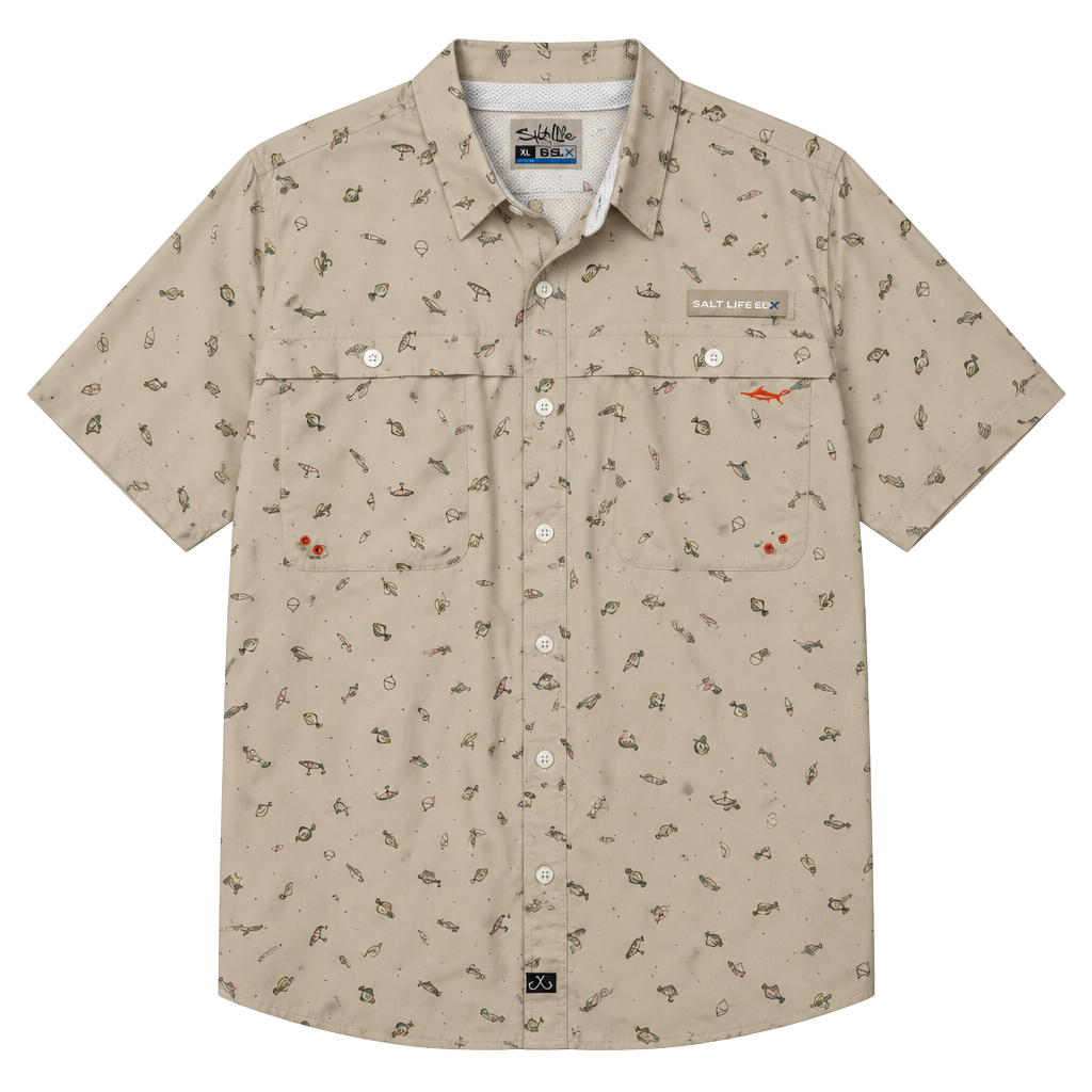 Salt Life SLX Fishing Shirt Size XL Tan Lure Print 1