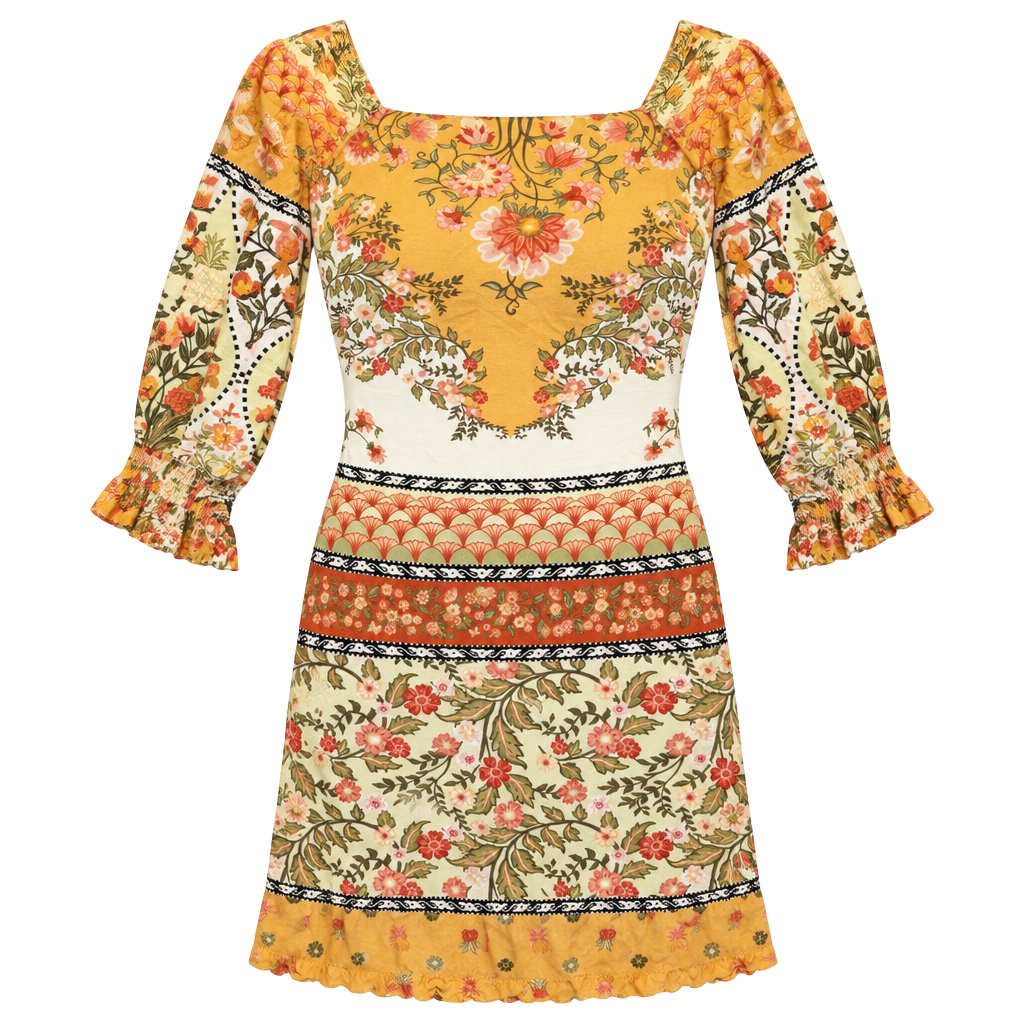 920 Farm Rio Floral Mini Dress Size XS Yellow Long Sleeve 1