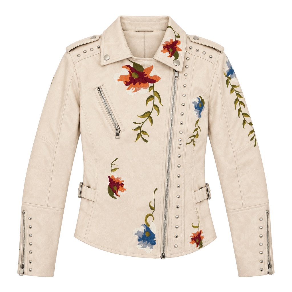 899 Yilanuoyi Floral Embroidery Studded Moto Jacket 1