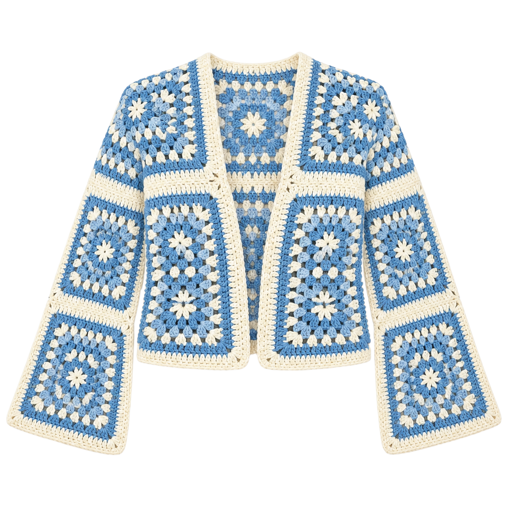 911 Beulah Granny Square Crochet Cardigan Blue White 1
