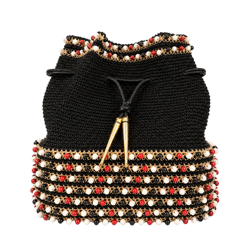 Vintage Beaded Crochet Drawstring Bucket Bag Black Gold 1