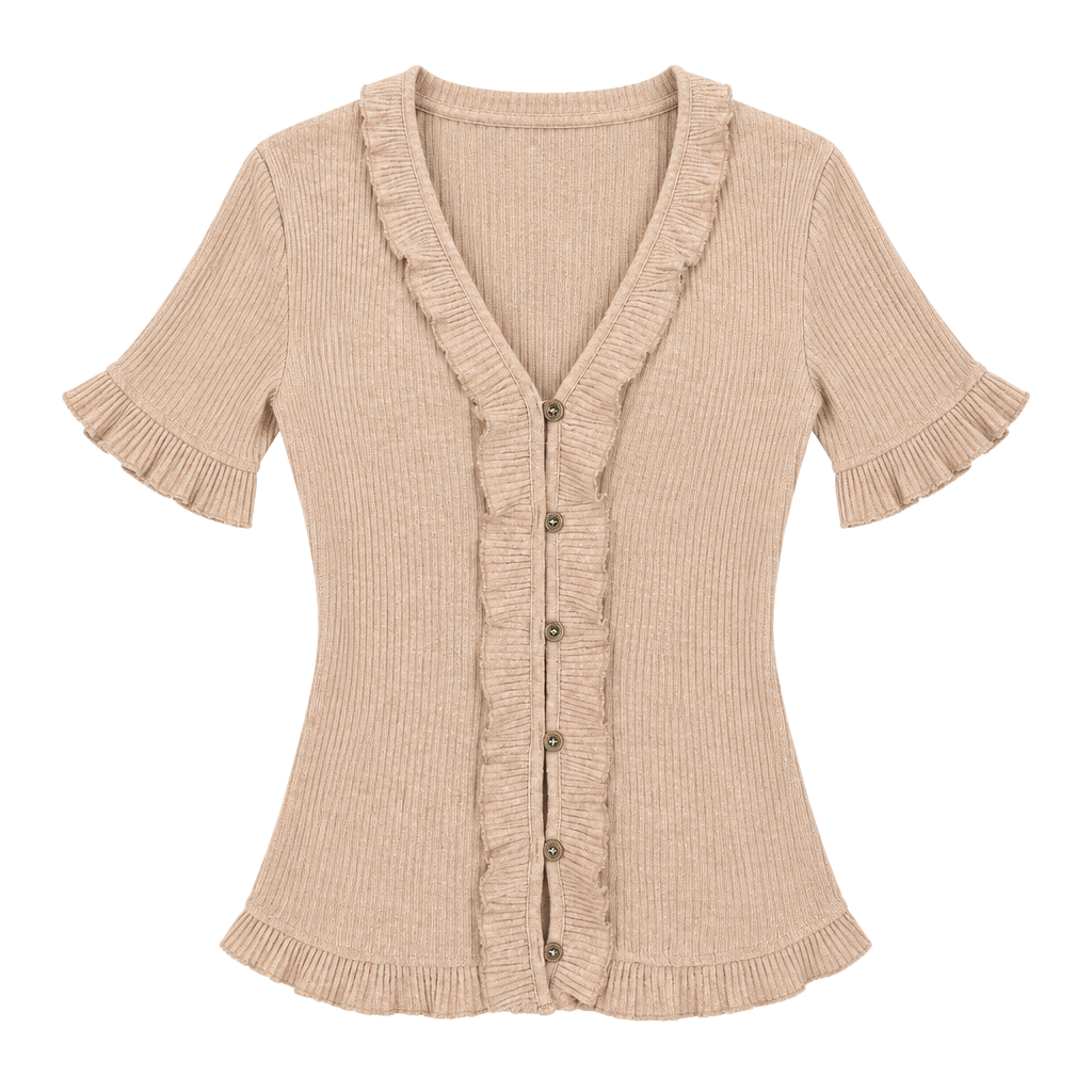 898 Pol YKT524 Cardigan Size L Tan Ribbed Ruffle 1