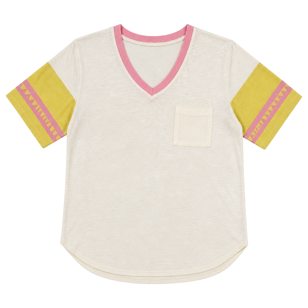 True Craft White Short Sleeve V-Neck Tee with Pink Trim and Yellow Sleeve Stripes Size S 1