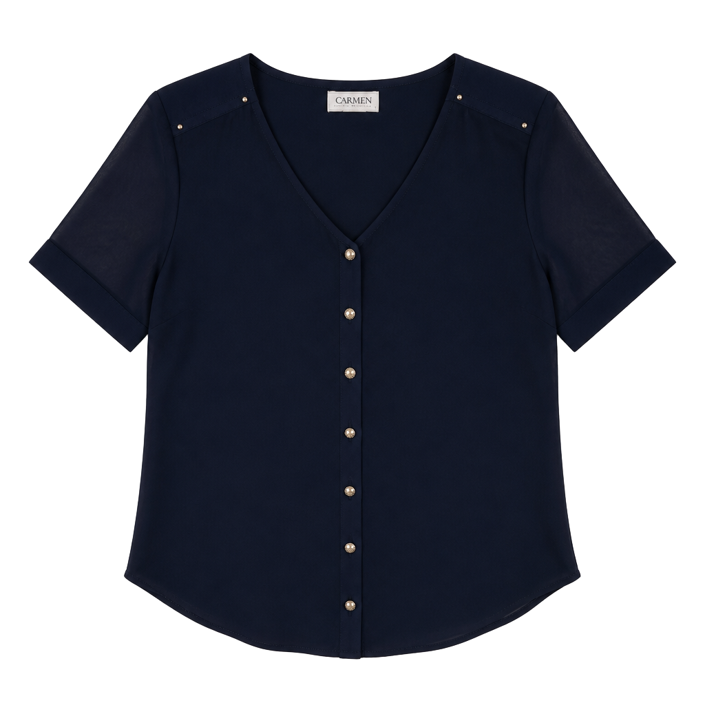 Carmen Marc Valvo Navy Blue V-Neck Button-Down Blouse 1