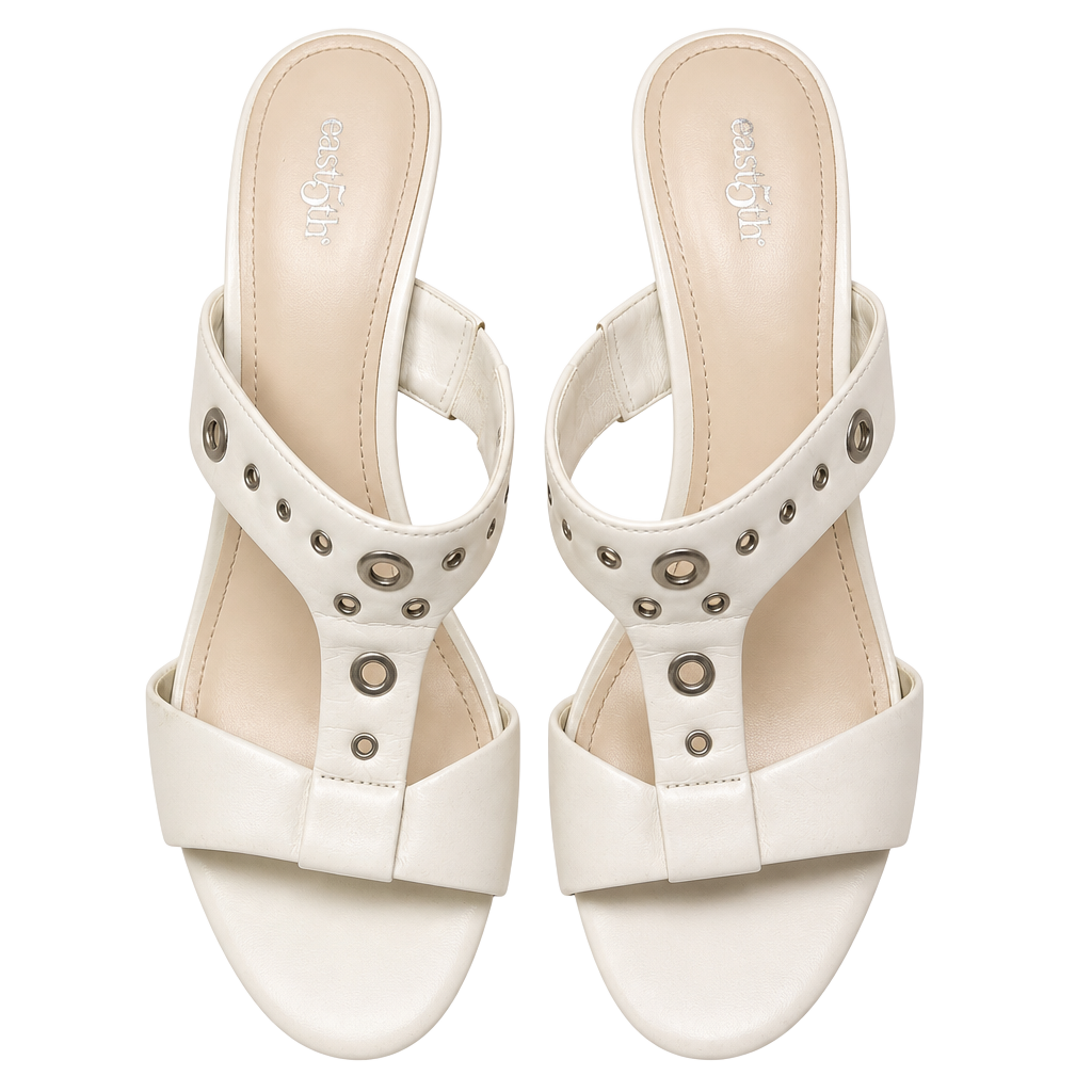 East 5th White Grommet Studded T-Strap Heeled Sandals 1