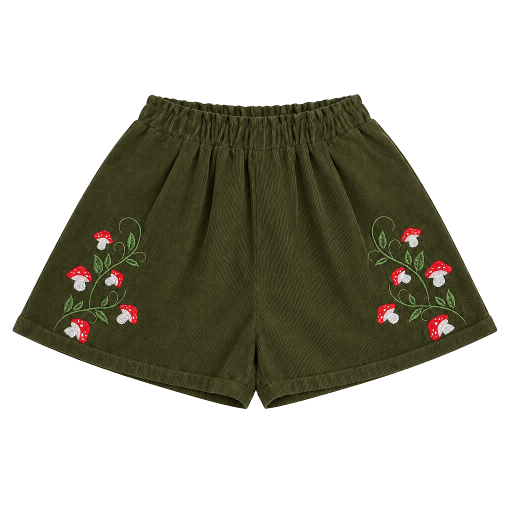 Romwe Corduroy Mushroom Embroidery Shorts Size L 1