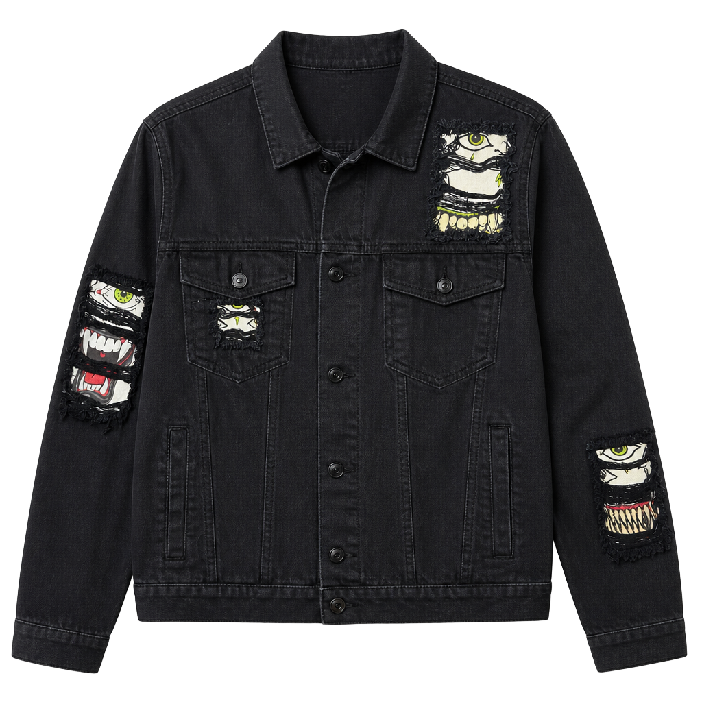 Forever 21 Denim Jacket Size M Black Monster Eye Graphic Distressed 1